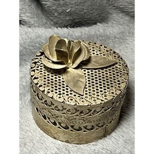 Vintage Brass Pierced Floral Trinket Box Round Cutwork Jewelry Box 3in Decor